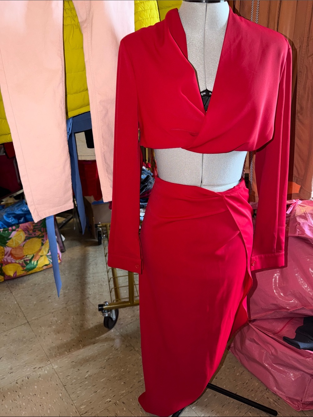 Red Two-Piece Skirt Set - Elegant Draped Crop Top & High-Waist Skirt